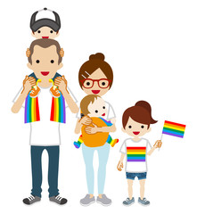 Young family wearing rainbow goods fashion - LGBT parade concept art