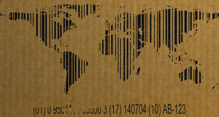 Barcode style world map with numbers on cardboard 3d rendering