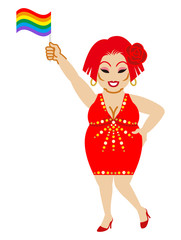 Drag queen who wearing red color dress holding a rainbow flag