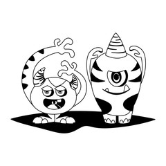 funny monsters couple comic characters monochrome