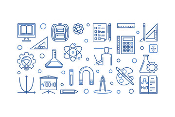 Back to School vector education concept horizontal illustration in outline style on white background