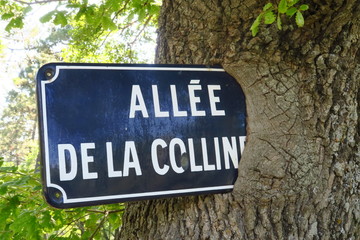 Allée de la colline. Panneau en tôle émaillée recouverte par la'écorce d'un arbre.