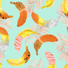 Fun bananas and palm leaves print in 80s 90s pop art style.