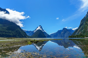 Fototapeta na wymiar reflections of mountains in the water, milford sound, new zealand 15