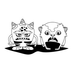 funny monsters couple comic characters monochrome