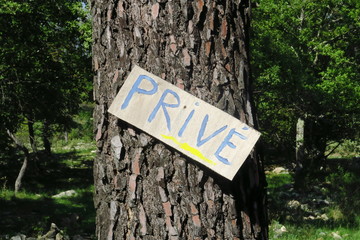 Privé: inscription sur panneau en bois cloué en biais sur le tronc d'un arbre recouvert...