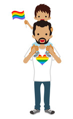 Father piggybacking his son who wearing rainbow fashion