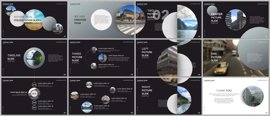 Minimal presentations design, portfolio vector templates with gray colorful circle elements on black background. Multipurpose template for presentation slide, flyer leaflet, brochure cover, report.