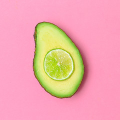 Mix  Avocado Lime. Minimal flat lay art. Vegan fashion concept