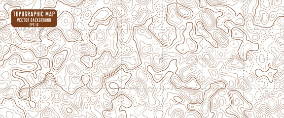 Topographic map. Vector design with lines and contours as background. Geographic abstract dashed grid. Stylized topo map with height and elevation with paths for mountain hiking.