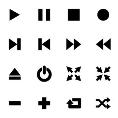 Flat black media player icon set