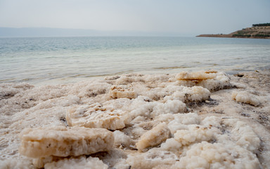  Natural salt crystals at the Dead Sea - the lowest point on earth. Pure nature landscape