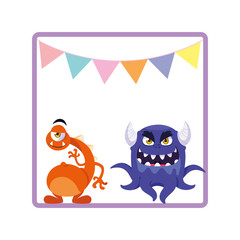 square frame with funny monsters and garlands hanging