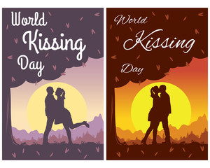 Set of card or flyer for World Kiss Day. Romantic background outdoor - kissing man and woman under a tree on summer sunset landscape. Flat template for social poster, banner, media stories.