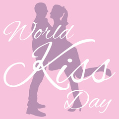 Romantic and love background for World Kiss Day. Silhouette of kissing man and woman. Icon flat image with text. Template for social poster, banner, media stories, card, flyer.