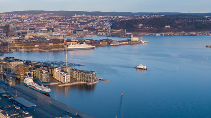Fototapeta na wymiar Sunset aerial view on Aker Brygge and Filipstad in Oslo, Norway