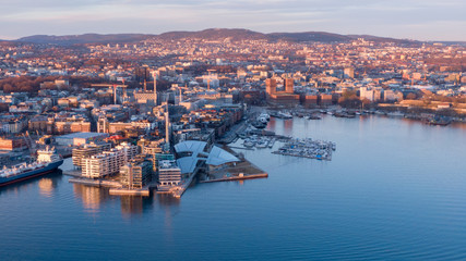 Fototapeta premium Sunset aerial view on Aker Brygge and Filipstad in Oslo, Norway