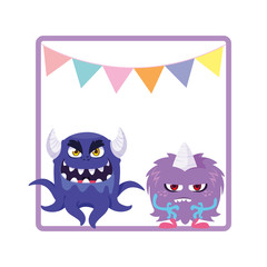 square frame with funny monsters and garlands hanging