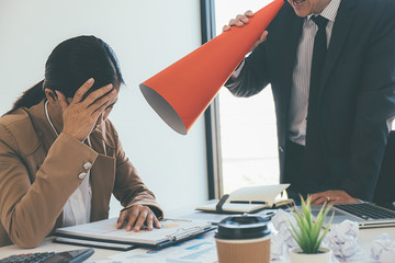 Business Manager blaming employee who getting stressed ,bad work, emotional pressure, mistake in...