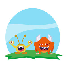 funny monsters couple in the field characters colorful