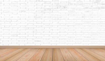 Empty interior room with white brick wall texture and brown wooden floor pattern. Concept interior vintage style