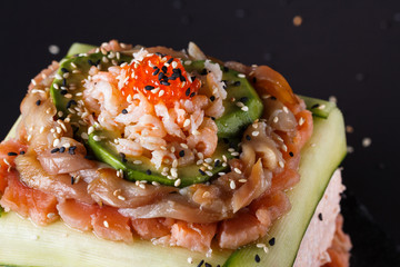 Piece of traditional savory swedish sandwich cake Smorgastorta