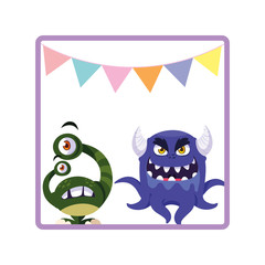 square frame with funny monsters and garlands hanging
