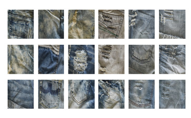 Different denim fabric samples isolated on white background.  Close-up collection of jeans textures.