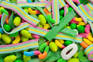 Assorted gummy candies. Top view. Jelly  sweets.