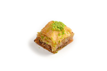 Pistachio baklava on a white background. Dessert.