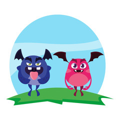 funny monsters couple in the field characters colorful