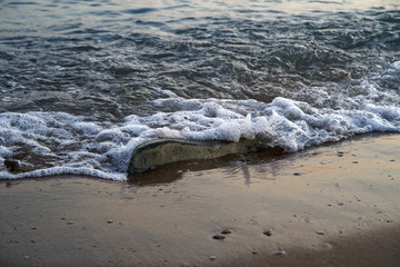 Sea wave envelops a stone on the seashore.
