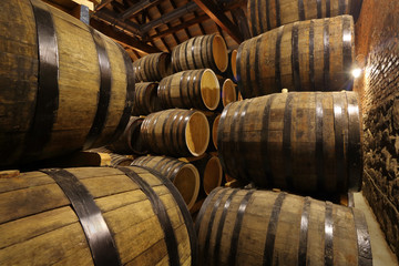 Rows of alcohol barrels in stock. Distillery. Cognac, whiskey, wine, brandy. Alcohol in barrels