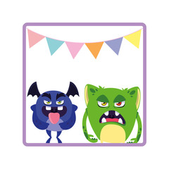 square frame with funny monsters and garlands hanging