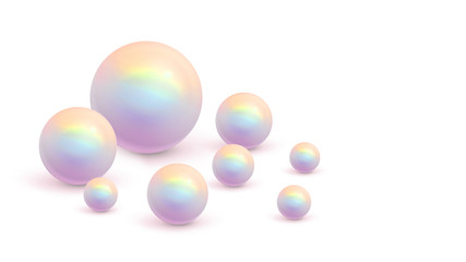Shiny pearls on soft pink background. Luxury beautiful shining jewellery background with rose pearl. Realistic single shiny natural rainbow sea pearl with light effects. 3D render.