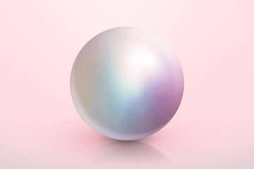 Shiny pearls on soft pink background. Luxury beautiful shining jewellery background with rose pearl. Realistic single shiny natural rainbow sea pearl with light effects. 3D render.