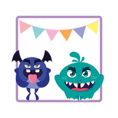 square frame with funny monsters and garlands hanging