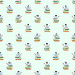 Seamless pattern of books and cute clever cats. Doodle illustration. Cartoon background. Vector