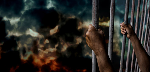 Put or keep in prison. Thief and crime. Halloween and Mental health concept.