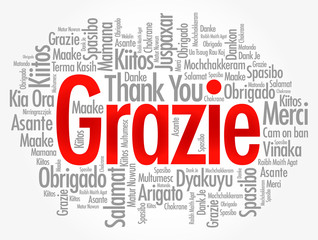 Grazie (Thank You in Italian) word cloud background in different languages
