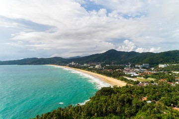 Drone aerial view shot of Tropical sea with beautiful island in Phuket Thailand