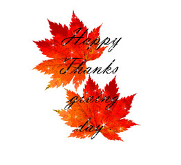 Happy Thanksgiving on a white background with red leaves. Banner