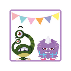 square frame with funny monsters and garlands hanging