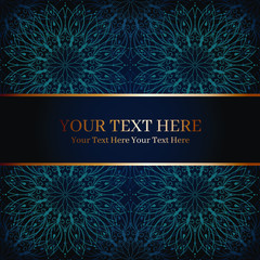 Dark blue and gold royal Invitation, card, booklet with mandala.  Geometric circle element. luxury  vintage frame, mandala wallpaper ornaments.  Menu cover for oriental, arabic or indian restaurant.