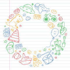 Vector pattern with kindergarten, toy children. Happy children illustration. Drawing on a notebook in a exercise notebook.