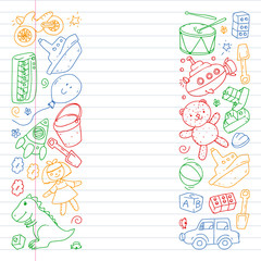 Vector pattern with kindergarten, toy children. Happy children illustration. Drawing on a notebook in a exercise notebook.