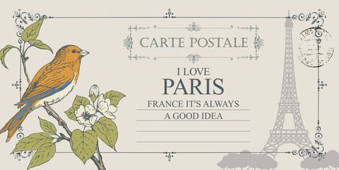 Vector greeting card or retro postcard with bird on branch of flowering tree and silhouette of Eiffel tower. Romantic card in vintage style with words I love Paris and postmark in frame with curls.