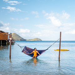 young girl on a luxury vacation at the tropical Island Saint Lucia Caribbean, woman on holliday St...