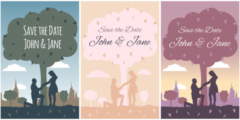 Man kneels in front of girl and holds her hand. Couple under a tree on background city skyline, sky and cloud. Wedding vector outdoor invite invitation thank you, rsvp card. Cartoon romantic template.