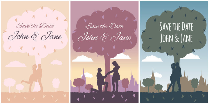 Set banner - silhouette of man and woman in different poses standing under a tree on background city skyline. Wedding vector outdoor invite invitation thank you, rsvp card. Cartoon romantic template.